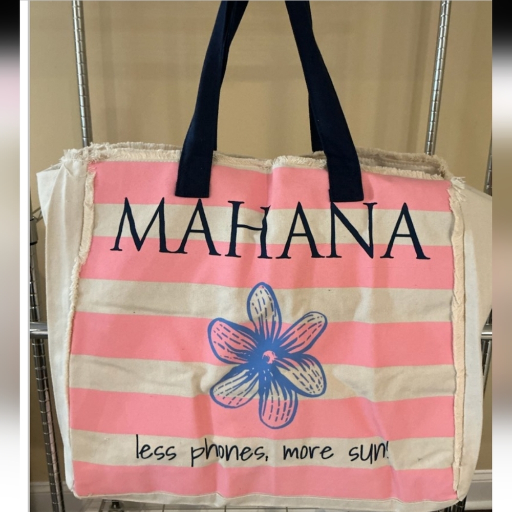 Mahana Canvas Pink Striped Beach Tote with Blue Flower Motif